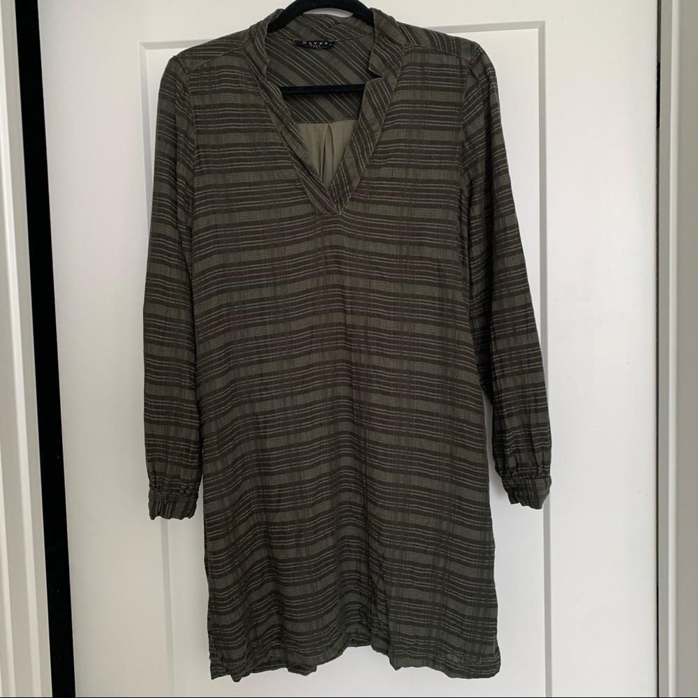 Maven West Green Silky Wash Cupro / Cotton V-Neck Long Sleeve Dress